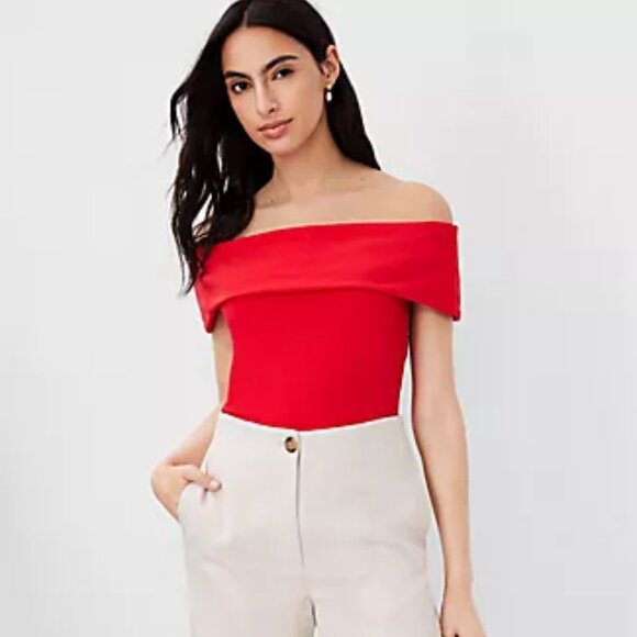NWT Ann Taylor Red Off The Shoulder Top Knit Sweater Boat Neck Short Sleeve XS P - Picture 10 of 11
